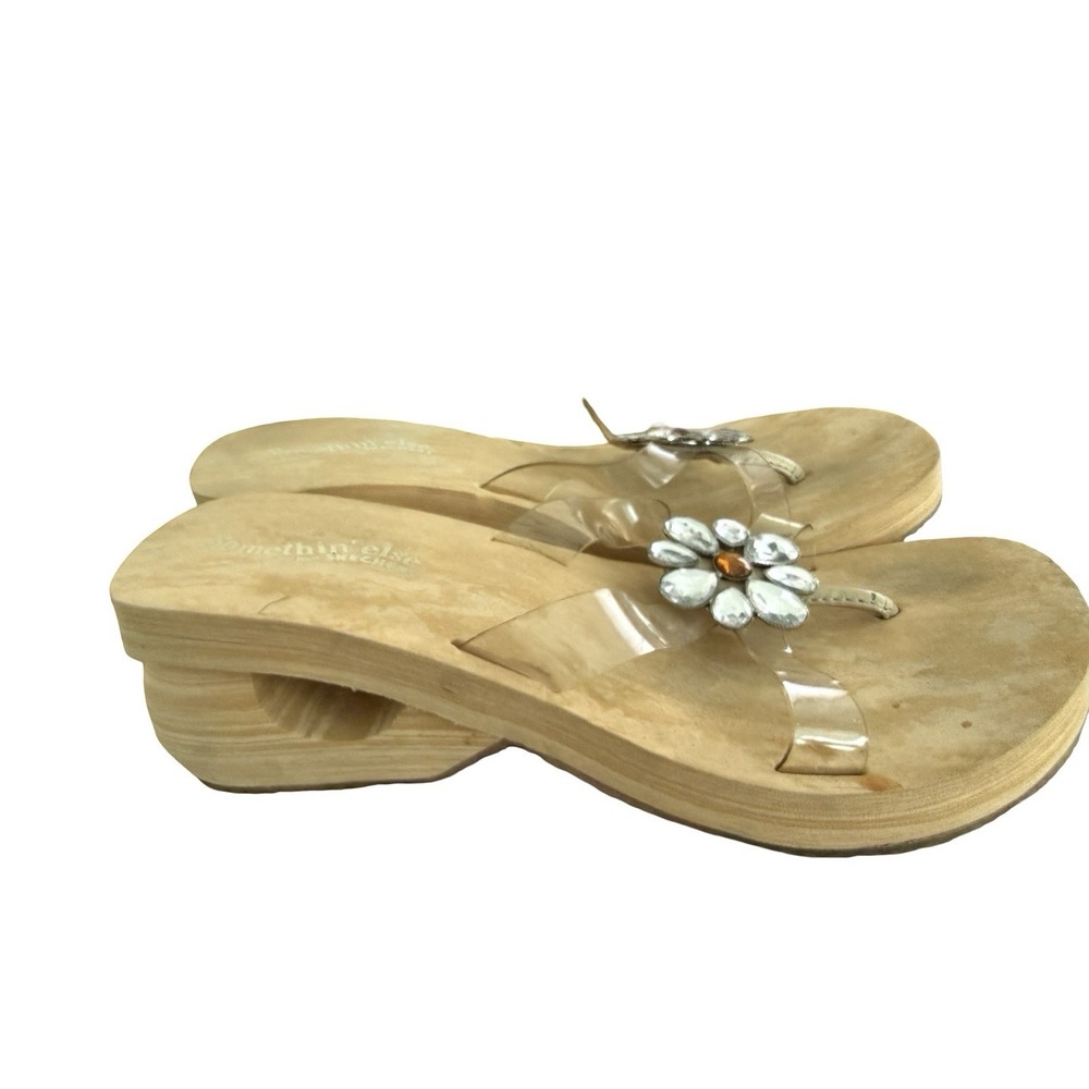 Skechers Something Else wood wedge thong sandals bling daisy sz 8